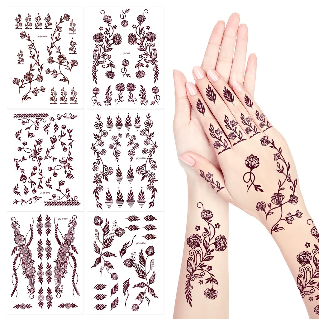 MAYCREATE Temporary Tattoo Stickers for Hands and Body with 12 Sheets Waterproof Henna | Brown Lotus Designs for Women and Girls
