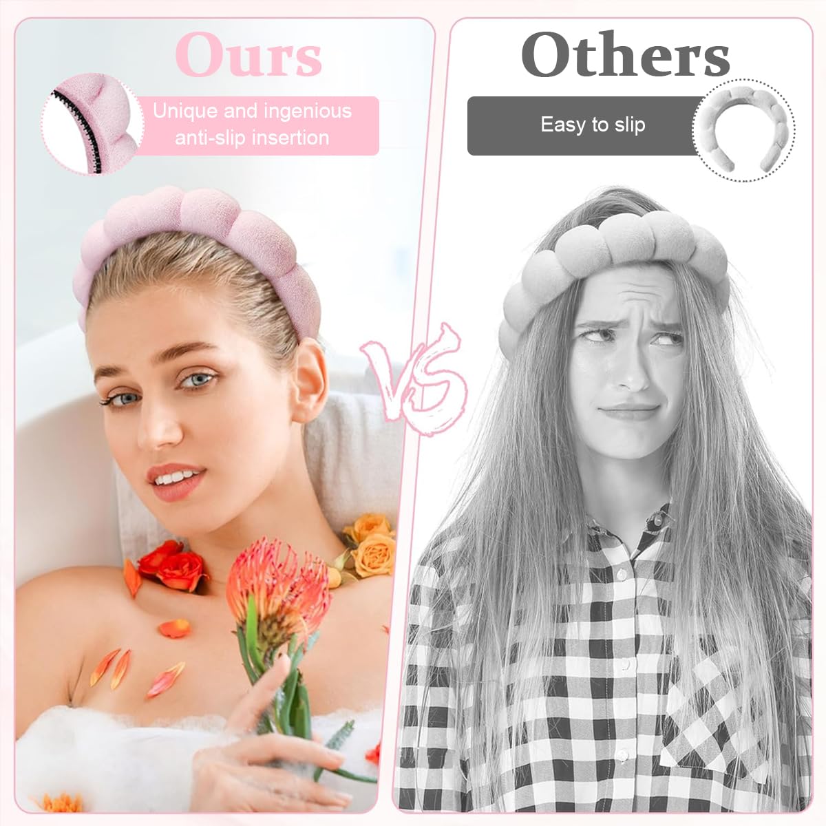 MAYCREATE Spa Facial Headband for Face Washing with Anti Slip Terry Cloth | Pink Hair Band for Women and Girls Makeup