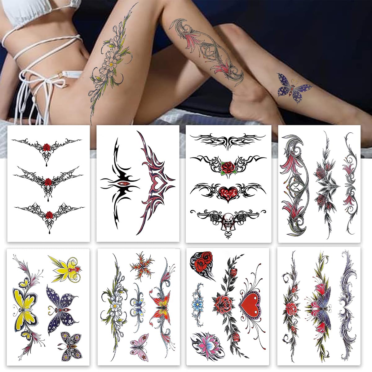 MAYCREATE Temporary Tattoo Stickers for Women featuring 8 Sheets 14.8x21cm Waterproof Designs