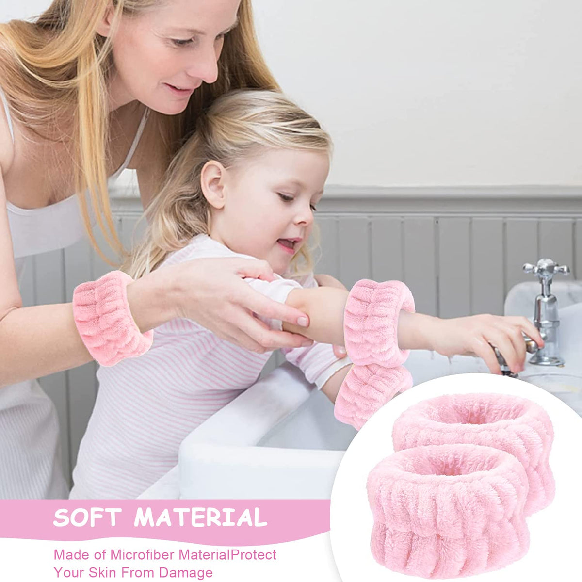 MAYCREATE 3Pcs Face Washing Headband Wristband Combo Kit, Microfiber Absorbent Hairband Wrist Wash Band Towel for Women Girls for Skincare Makeup Yoga Sport (Pink)