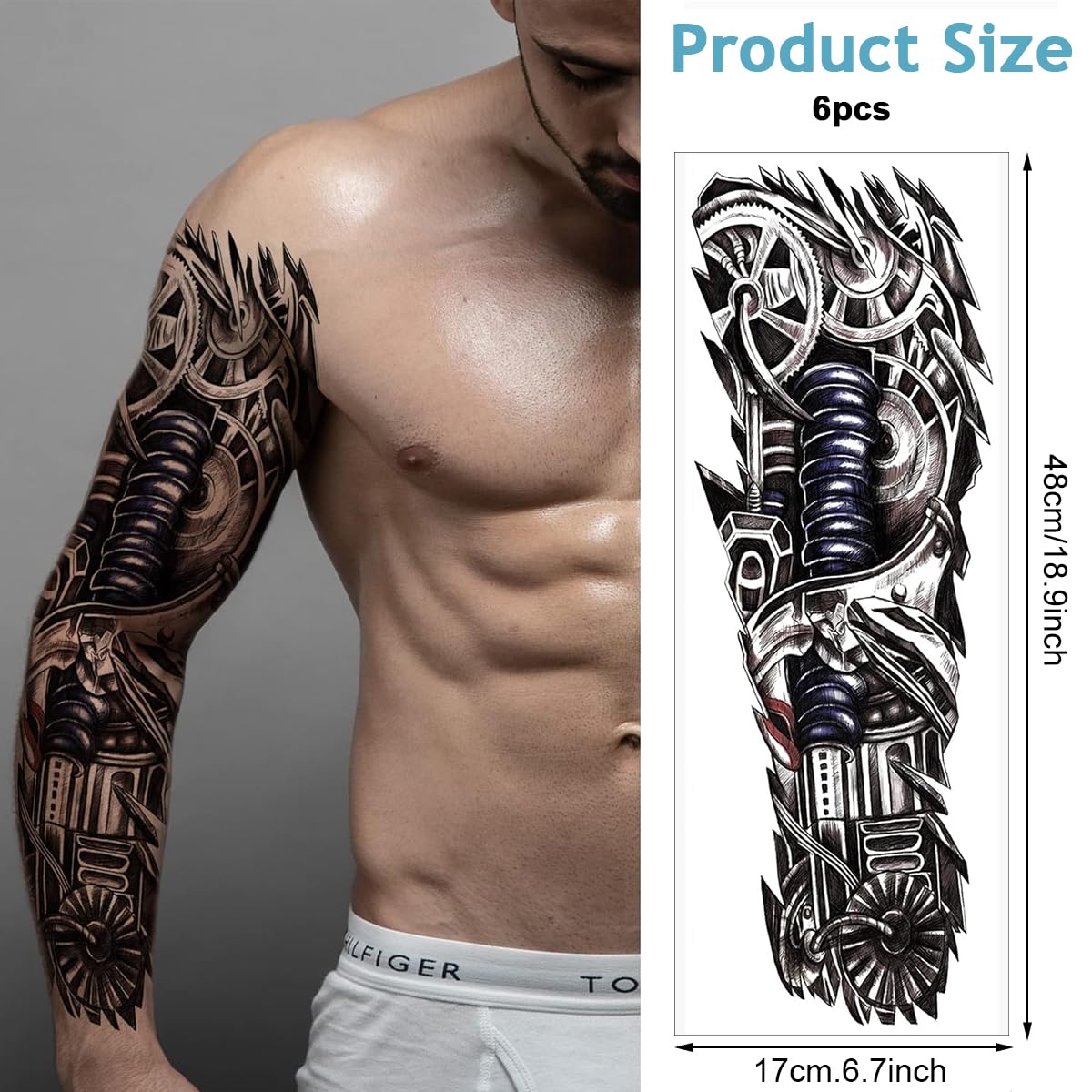 MAYCREATE Temporary Tattoo for Men with 6 Large 48cm x 17cm Sheets | Waterproof & Hypoallergenic