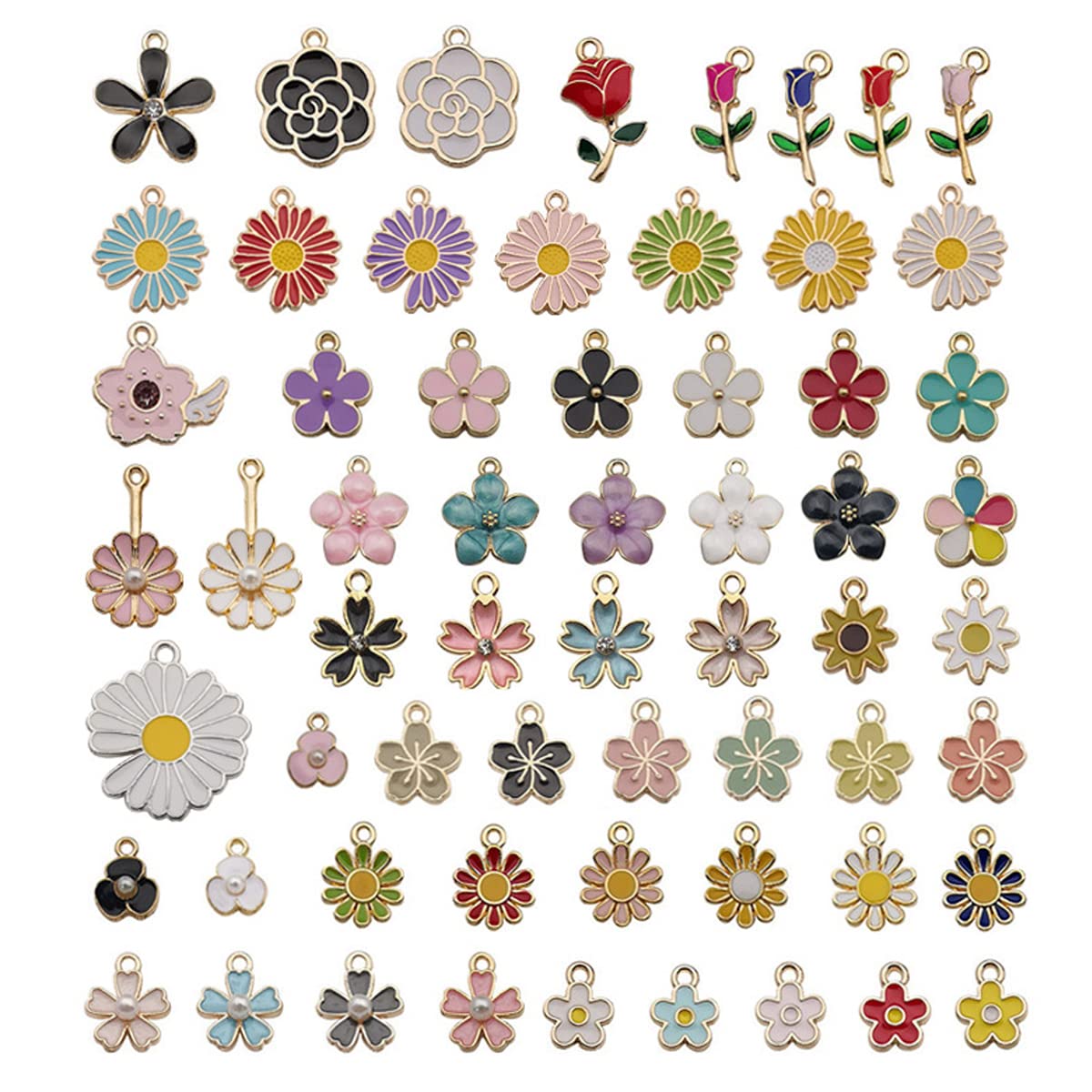 MAYCREATE Assorted Gold Plated Enamel Pendants for DIY Jewelry Making 60pcs | Floral Charms with Hanging Hole Design