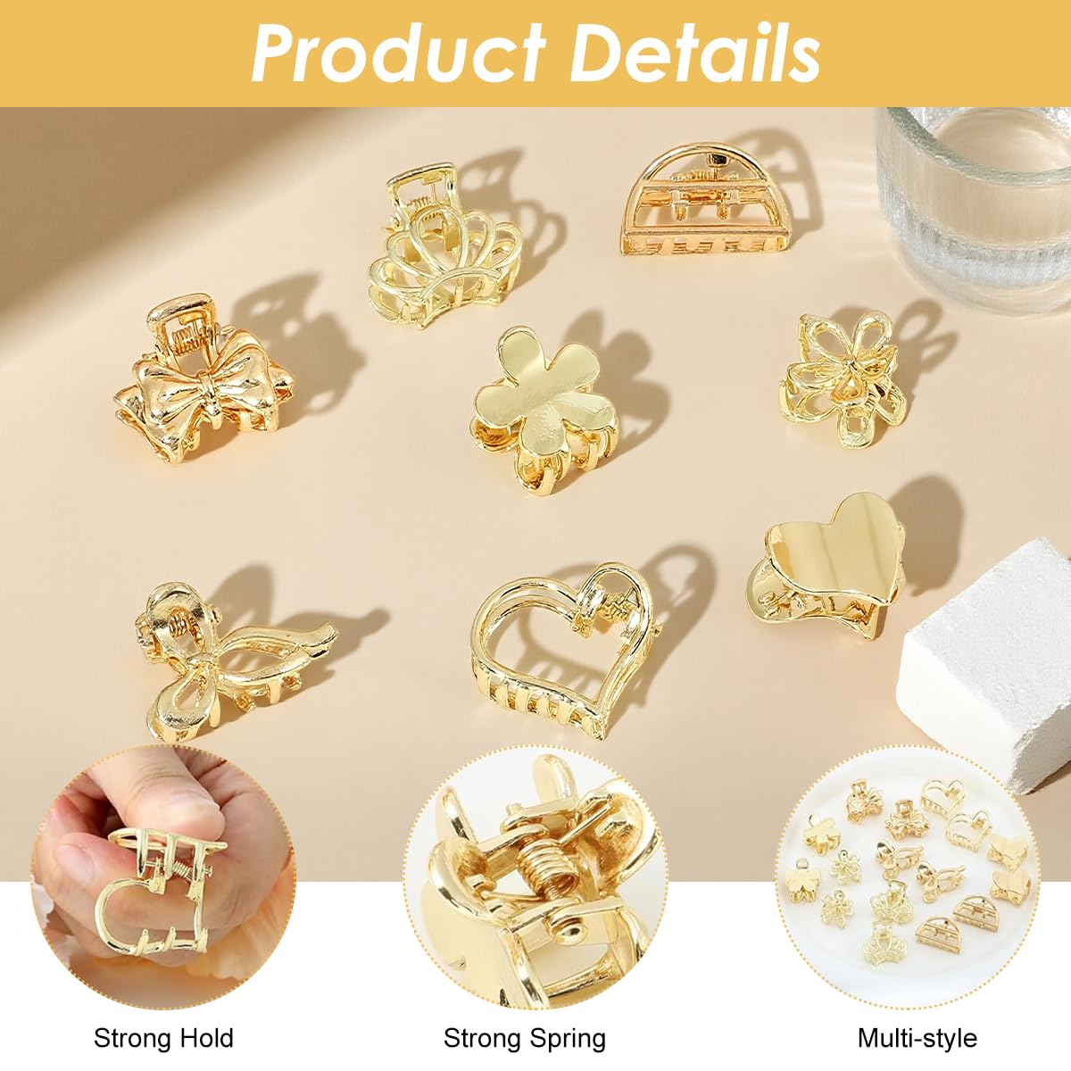 MAYCREATE Hair Claw Clips for Women with Strong Grip Teeth featuring 8 Designs 16 Pcs Gold Set