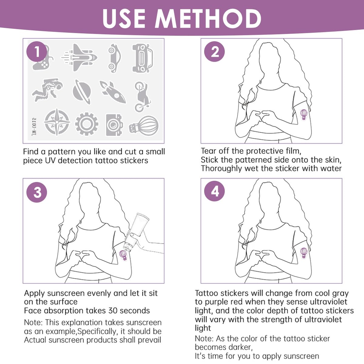 MAYCREATE UV Test Skin Stickers for Sun Safety with Color Changing Sensor | 6 Sheet Waterproof Cartoon Tattoos