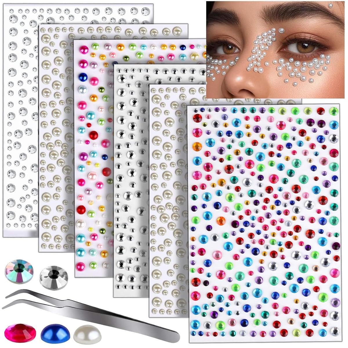 MAYCREATE 6 Sheets Face Gems Rhinestones Pearl Stickers with Tweezer, Self Adhesive Face Jewels Sticker, Glitter Color Festival Hair Gems for Makeup, DIY Crafts, Nail Art, Scrapbooking