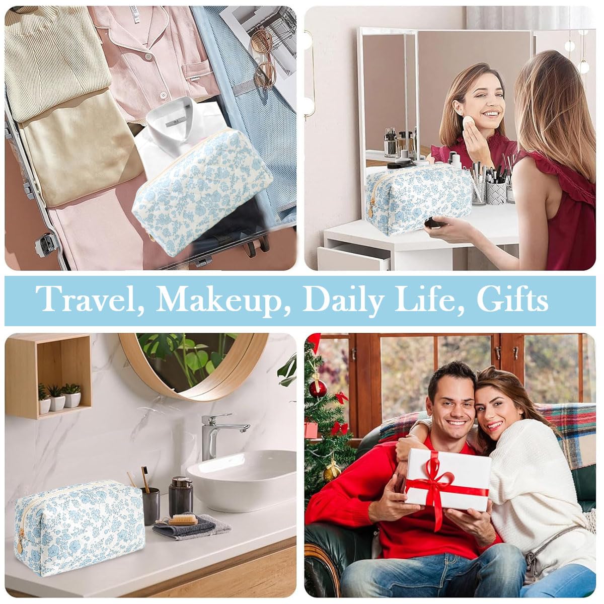 MAYCREATE Makeup Bag for Travel and Daily Use with Soft Zipper Blue Floral Design 20.5x9x9.5cm | 2 Pcs