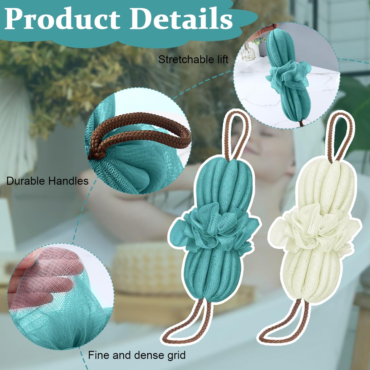 MAYCREATE Bath Shower Loofah Sponge, 2 Pack Long Stretch Back Sponge Exfoliating with Rope Handles, Back Scrubber for Shower Body Scrub Stretch Loofah for Women and Men (Navy+Green)