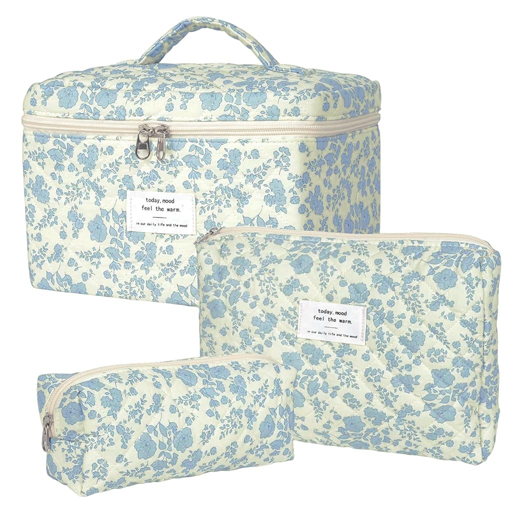 MAYCREATE Makeup Pouch Bag Set for Travel with 3pcs Quilted Cotton Blue Floral Organizer