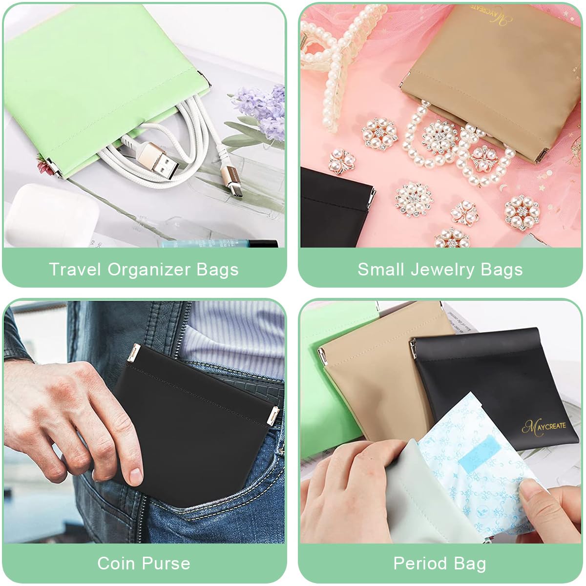 MAYCREATE Pocket Cosmetic Bag Set for Travel and Daily Use featuring Self Closing Design | 4pcs 4.7x4.3in Waterproof PU Pouches for Women
