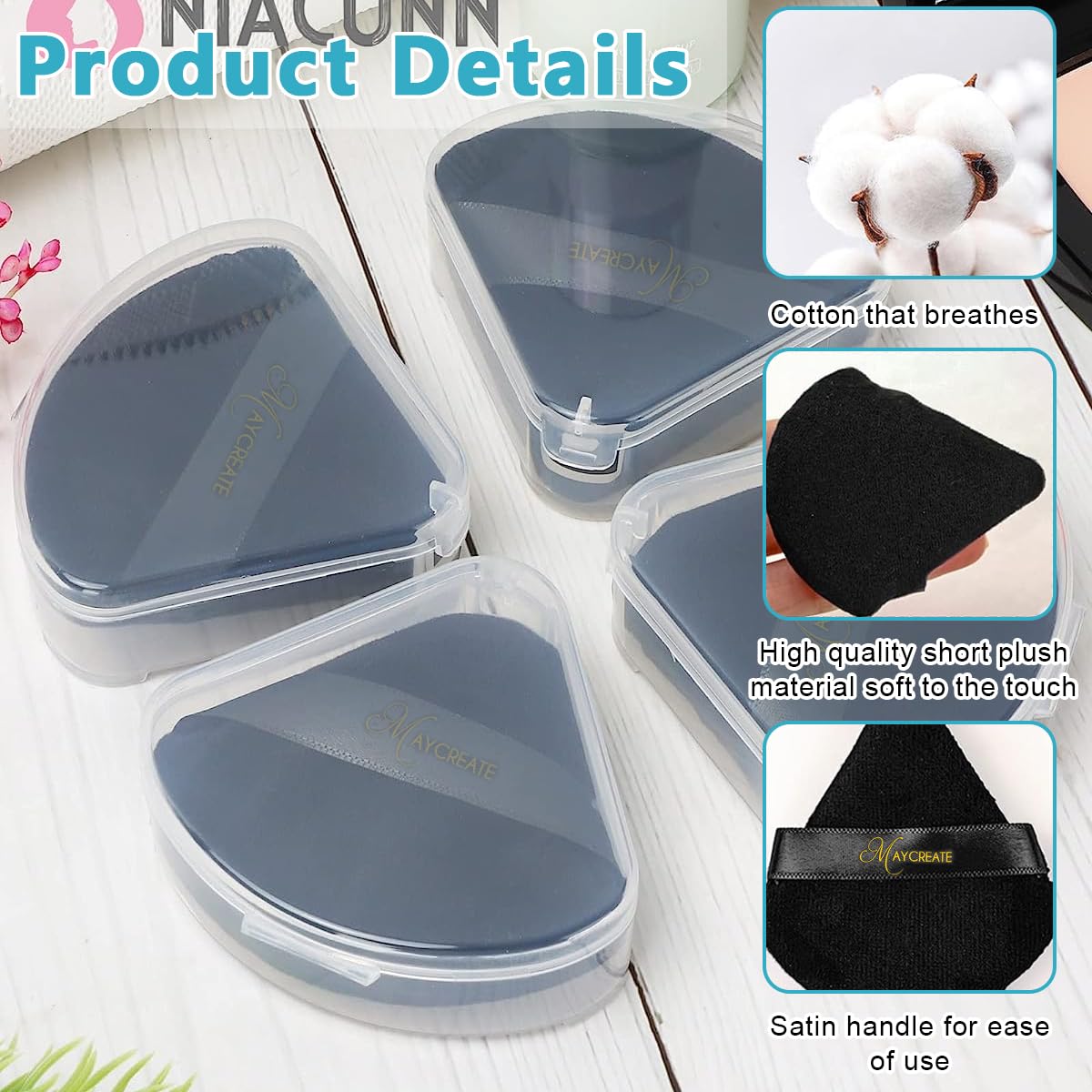 MAYCREATE Triangle Powder Puff for Loose Powder with Case featuring Soft Cotton 4pcs | Skin Friendly Wet and Dry Use