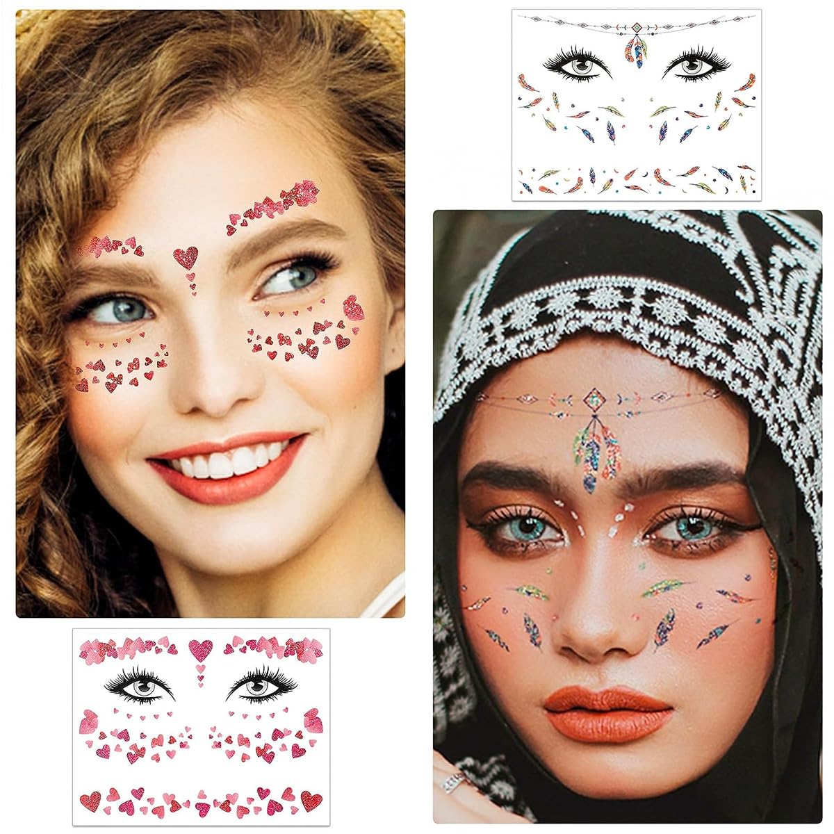 MAYCREATE 12 Sheets Glitter Face Temporary Tattoo for Women Girls, Charming Decals Flowers Face Arm Body Makeup Stickers, Waterproof Butterfly Fake Tattoos for Party, Halloween