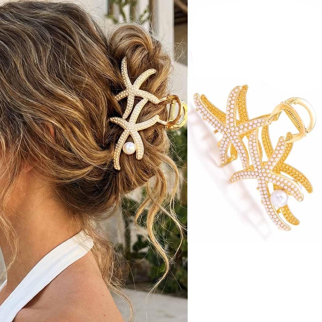 MAYCREATE® Hair Clips for Woman Gold Metal Starfish Claw Clip Rhinestone Pearl Culture for Hair Strong Hold Claw Barrette Coastal Boho Summer Beach Accessory
