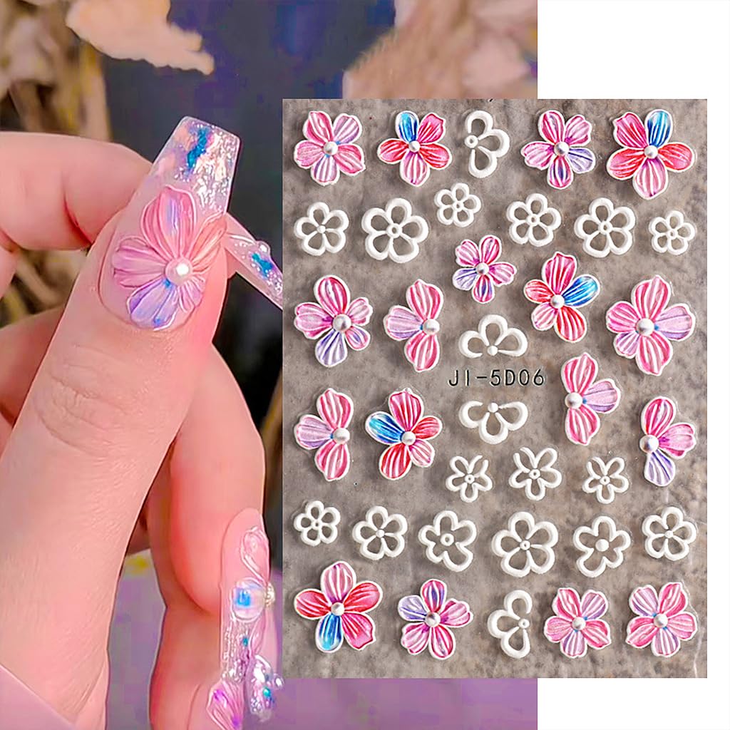 MAYCREATE Nail Art Stickers for DIY Nails featuring 5 Sheets 3D Embossed Flower Designs