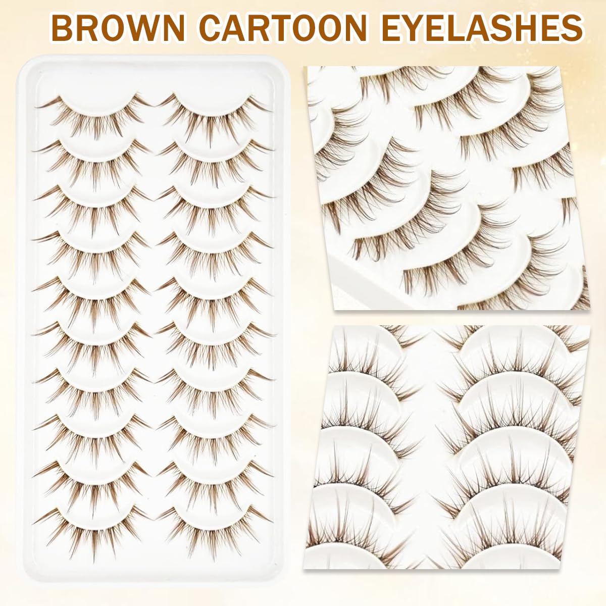 MAYCREATE® 10 Pairs Brown Lashes Natural Light Brown False Eyelashes Clear Band Faux 3D Mink False Eyelashes Natural Looking Fluffy Cat Eye Wispy Strip Lashes