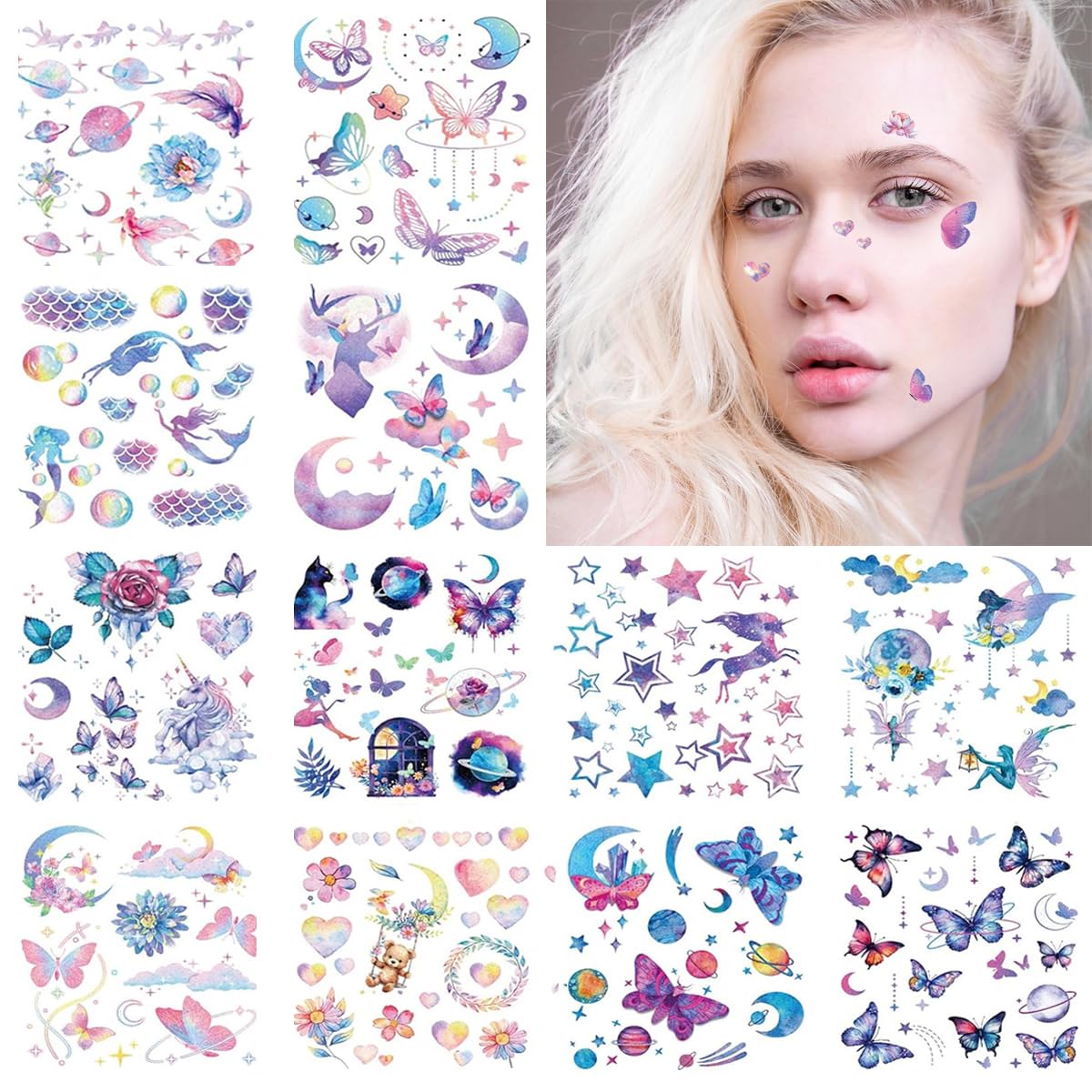 MAYCREATE 12 Sheet Temporary Tattoos Glittering Dreamy Temporary Tattoos Sticker Waterproof Temporary Tattoo Stickers Fairy Glittering Designs Charming Face Stickers for Girls, Makeup Face Sticker