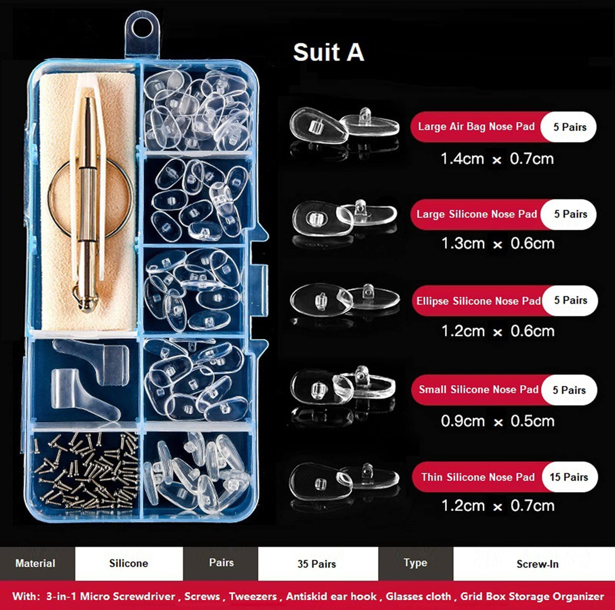 MAYCREATE Eyeglasses Nosepad Repairing Kit, 35pcs Silicone Nosepad,with 3 in 1 Screwdriver,Screws Tweezers, Antiskid Earhook, Glasses Cloth,Grid Box Storage Organizer (5 shape)