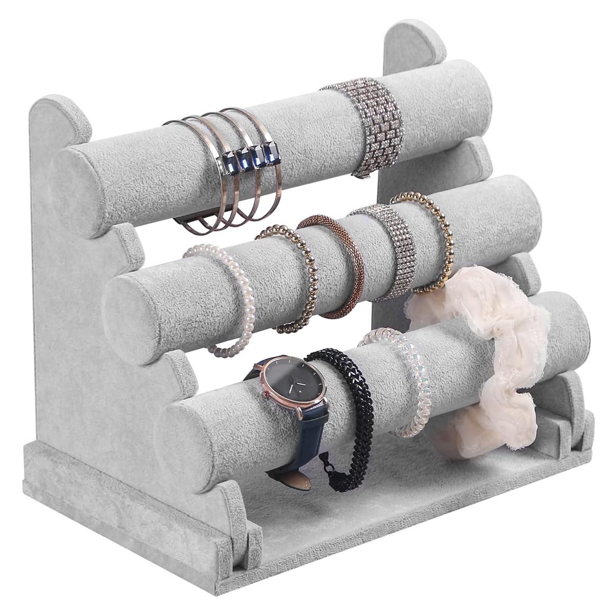 MAYCREATE Bracelet Holder Organizer 3-Tier Jewelry Display Stand for Watch Bangle Bracelet - Detachable Velvet Desk Bracelets Storage Showcase Rack, Grey