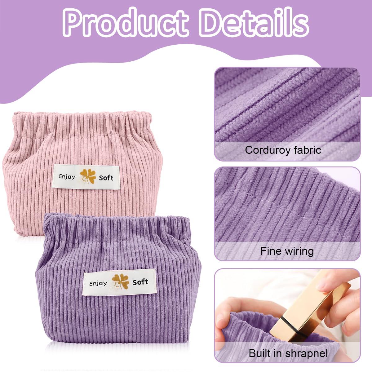 MAYCREATE 2pcs Small Makeup Pouch, Lipstick Cosmetic Bag, Corduroy Elastic Storage Pouch, Makeup Pouches for Women Girls, Travel Coin Pouch Jewelry Organizer Bag - Self Closing, Pink & Purple