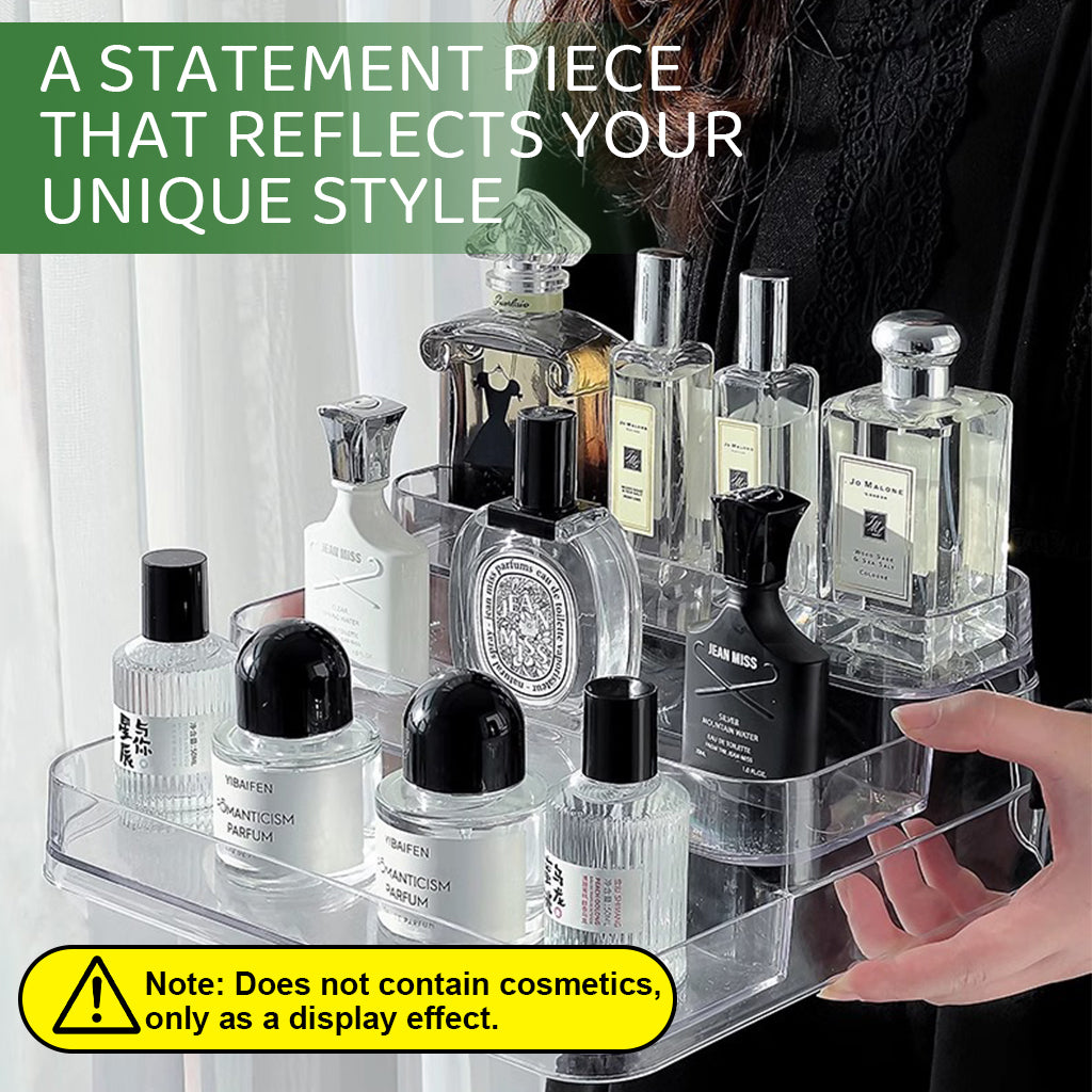 MAYCREATE® Perfume Display, 3 Tier Clear Acrylic Riser Shelf for Perfume with Fences, Cupcake, Gemstones, Curio, Anime Figurines, Skin Care Products for Organization and Decor