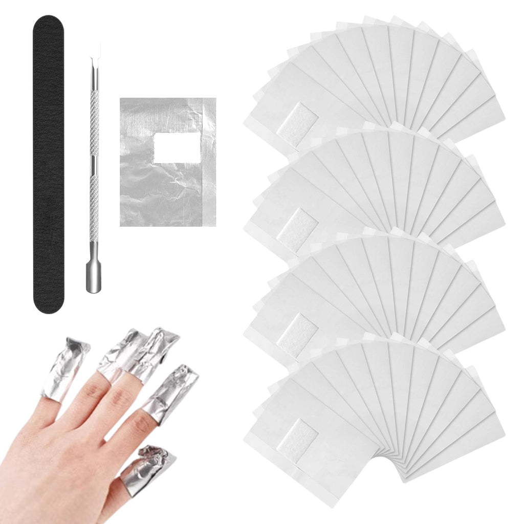 MAYCREATE 200Pcs Nail Polish Remover Foil Wraps with Pre-soaked Acetone-based Cotton Pads Gel Nail Polish Remover Wraps Finger Nail Polish Removal Tool with Cuticle Pusher & Nail Filer