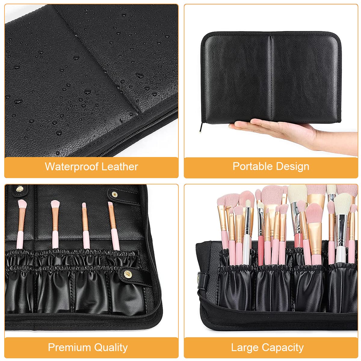 MAYCREATE Makeup Brush Holder Bag Portable Travel Makeup Organizer Bag Foldable Zipper Cosmetic Makeup Brush Pouch Storage Case with 29 Elastic Pockets