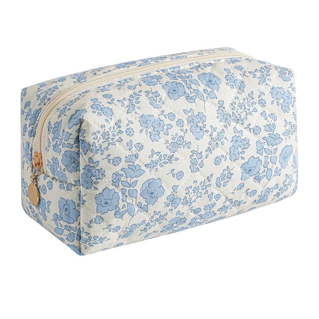 MAYCREATE® Fashion Makeup Bag Travel Makeup Pouch Blue Floral Soft Zipper Pouch Utility Zipper Pouch Pencil Pouch Gadget Pouch Stationeries Storage Pouch Makeup Tool Organizer Bag, 20.5x9x9.5cm