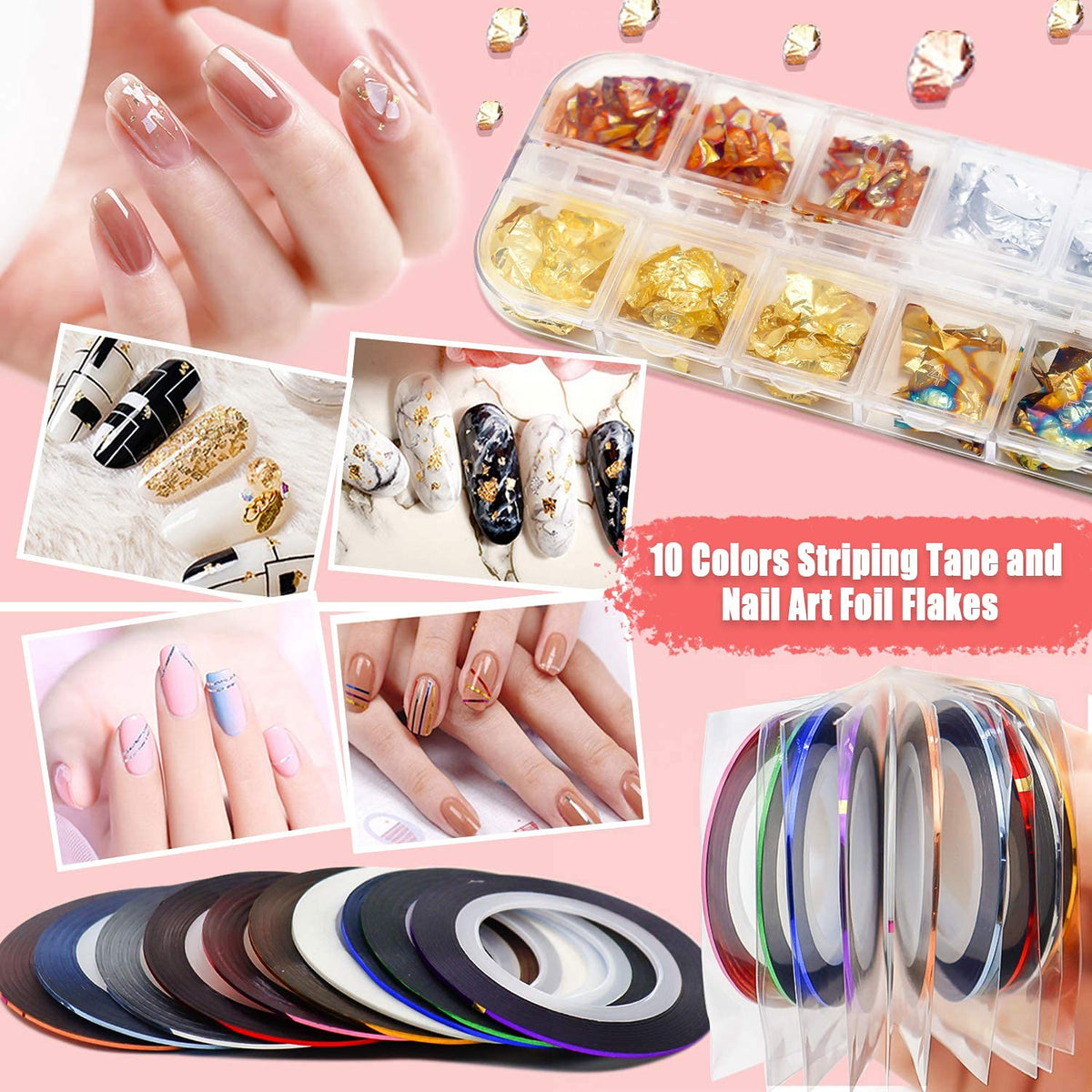 MAYCREATE 3D Nail Art Stamping Kit, 3D Nail Art Tools with Pen & Brush Painting Polish Design Kit Nail Art Stickers Nail Foil Tape Strips and Nails Art Rhinestones