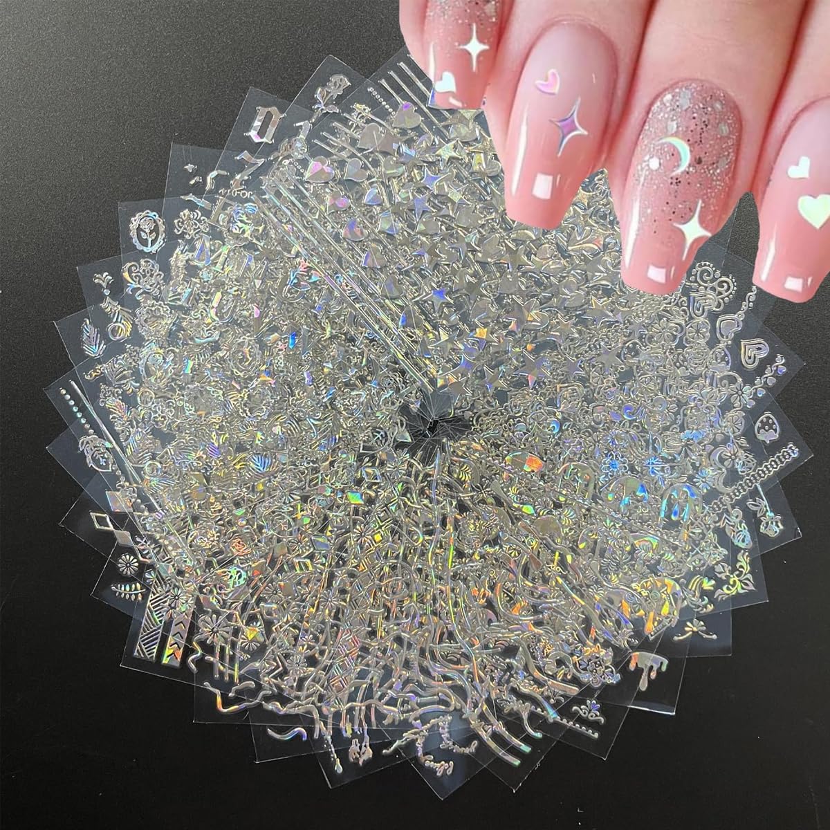 MAYCREATE Nail Art Stickers featuring 30 Sheets Self-Adhesive Holographic Designs for DIY Nails | Aurora Moon and Star Decals for Women and Girls
