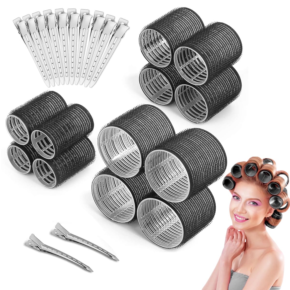 MAYCREATE Heatless Hair Roller for Women Girls, 12pcs Hair Curler Rollers 3 Sizes (4 Jumbo, 4 Large, 4 Medium) & 12 Bang Clips Kit for Thin Thick Volume Hair - Black