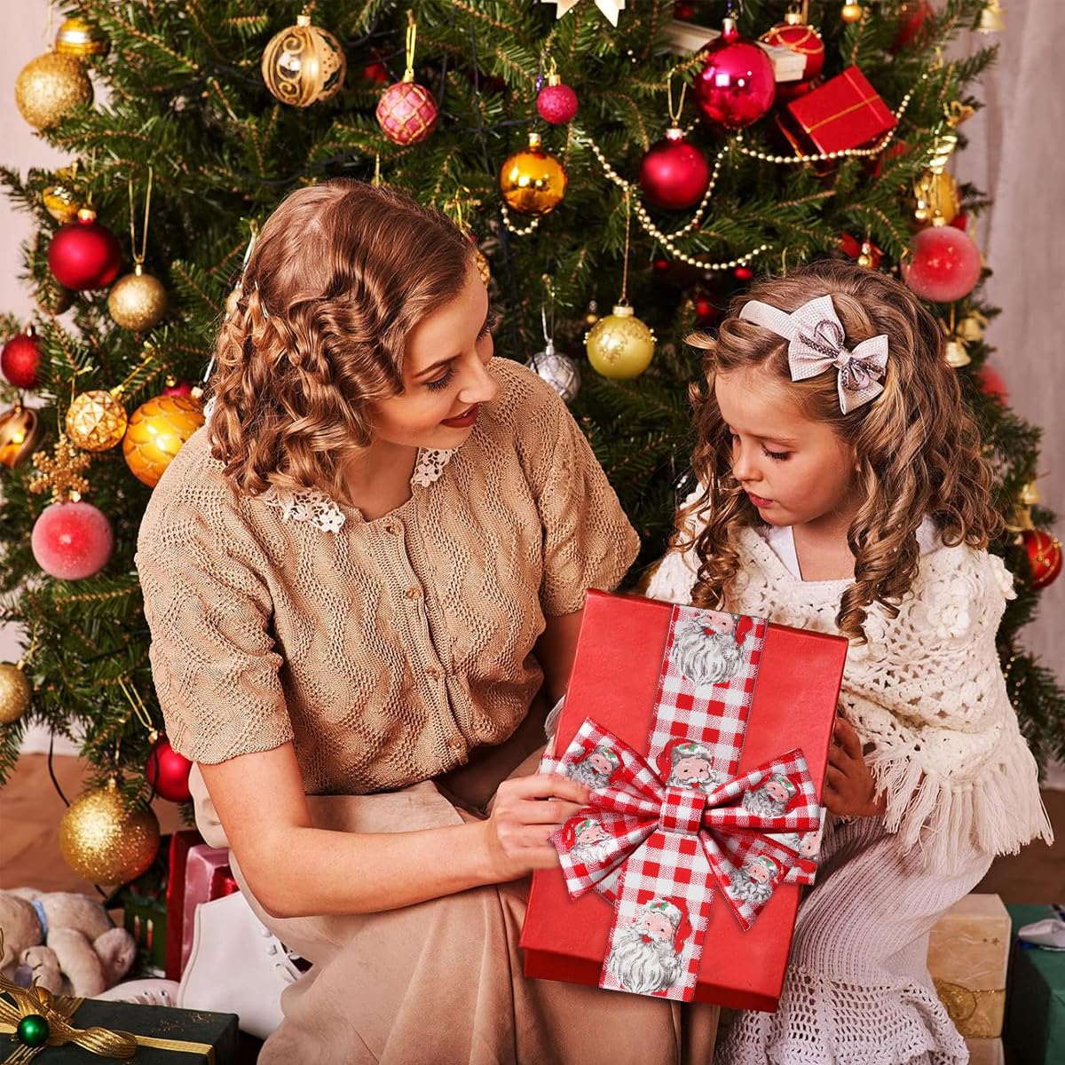 MAYCREATE Christmas Ribbon Set for Gift Wrapping and DIY Crafts featuring 3 Rolls 2.5 in x 5 yd Wired Fabric | Snowflake Santa Snowman Designs