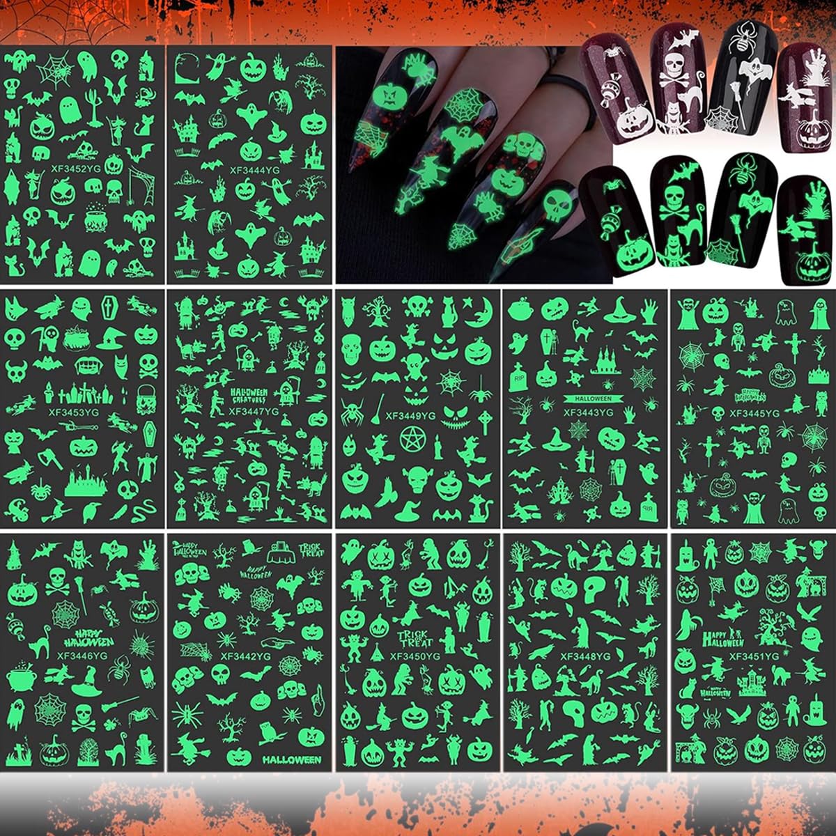 MAYCREATE 12 Sheets Halloween Nail Art Stickers, Luminous Nail Design Glow in The Dark Nail Decals, 3D Self-Adhesive Luminous Spooky Spider Web Skull Pumpkin Nail Art Design for Women Girls