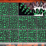 MAYCREATE 12 Sheets Halloween Nail Art Stickers, Luminous Nail Design Glow in The Dark Nail Decals, 3D Self-Adhesive Luminous Spooky Spider Web Skull Pumpkin Nail Art Design for Women Girls