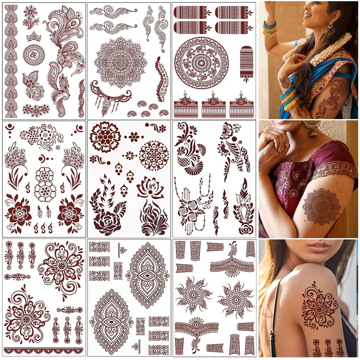 MAYCREATE Tattoo Sticker 12 Sheets Mandala Temporary Tattoo for Women Girls Brown Lotus Flower Arm Band Tattoo Waterproof Henna Tattoo Stickers for Hands, Body, Arm, Feet