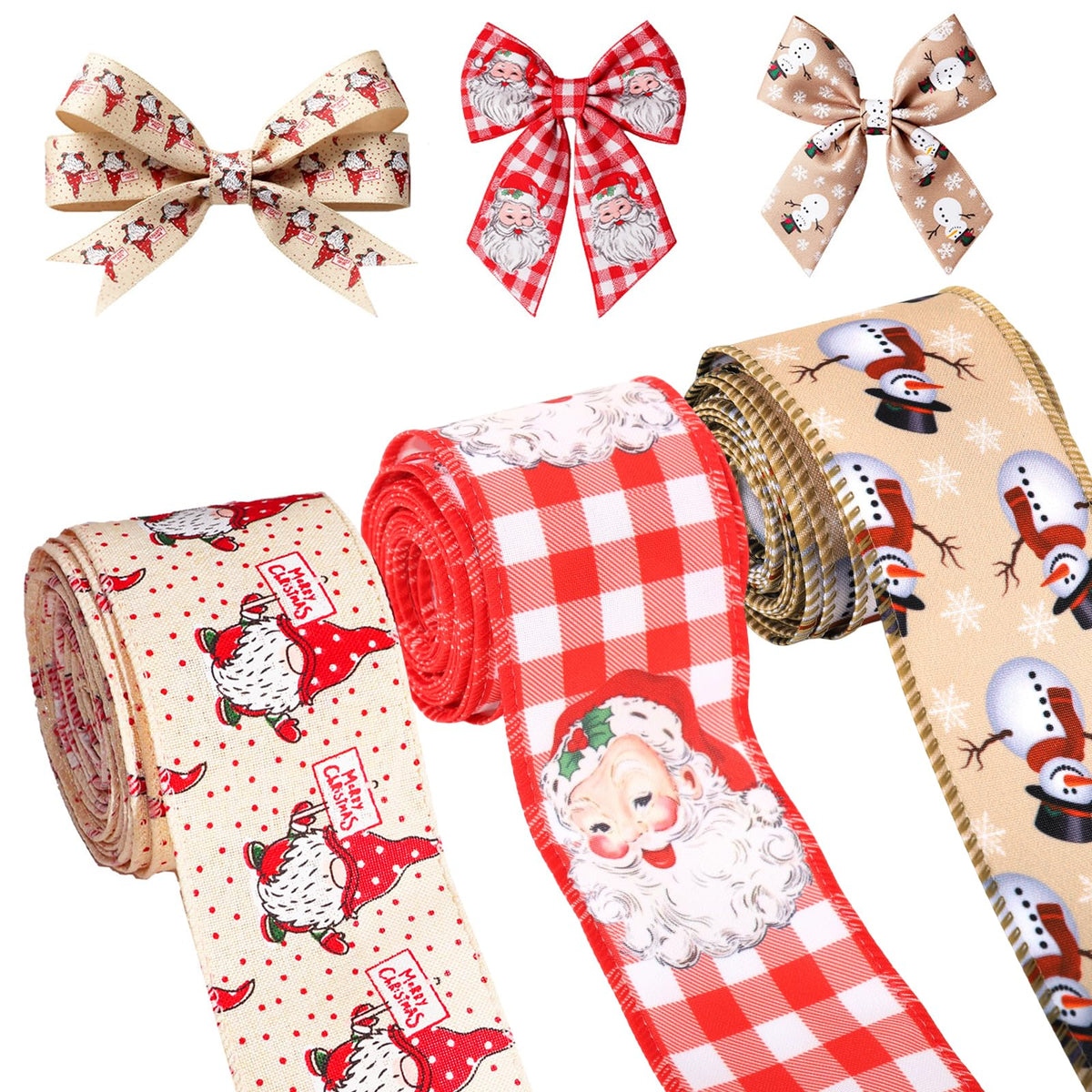 MAYCREATE Christmas Ribbon Set for Gift Wrapping and DIY Crafts featuring 3 Rolls 2.5 in x 5 yd Wired Fabric | Snowflake Santa Snowman Designs