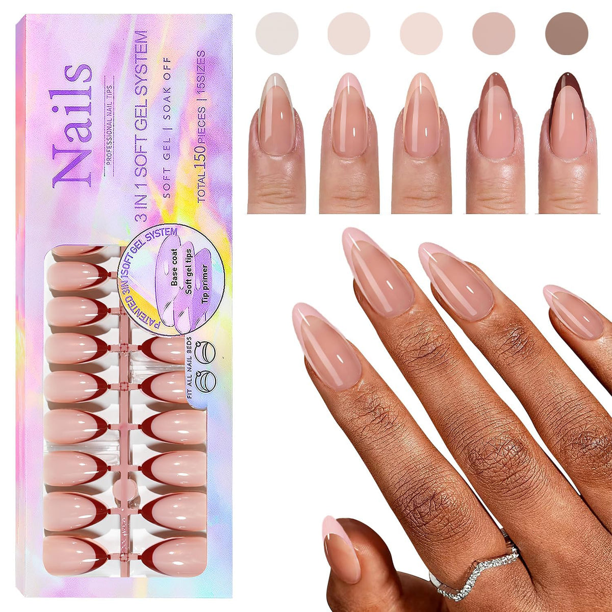 MAYCREATE 150Pcs Almond Shape Nails Nude Color Press On Nails with 24Pcs Adhesive Nail Tabs DIY Nail Art Nail Extension Press on Fake Nails Full Cover Press On Nails Colored Tip Almond Fake Nail