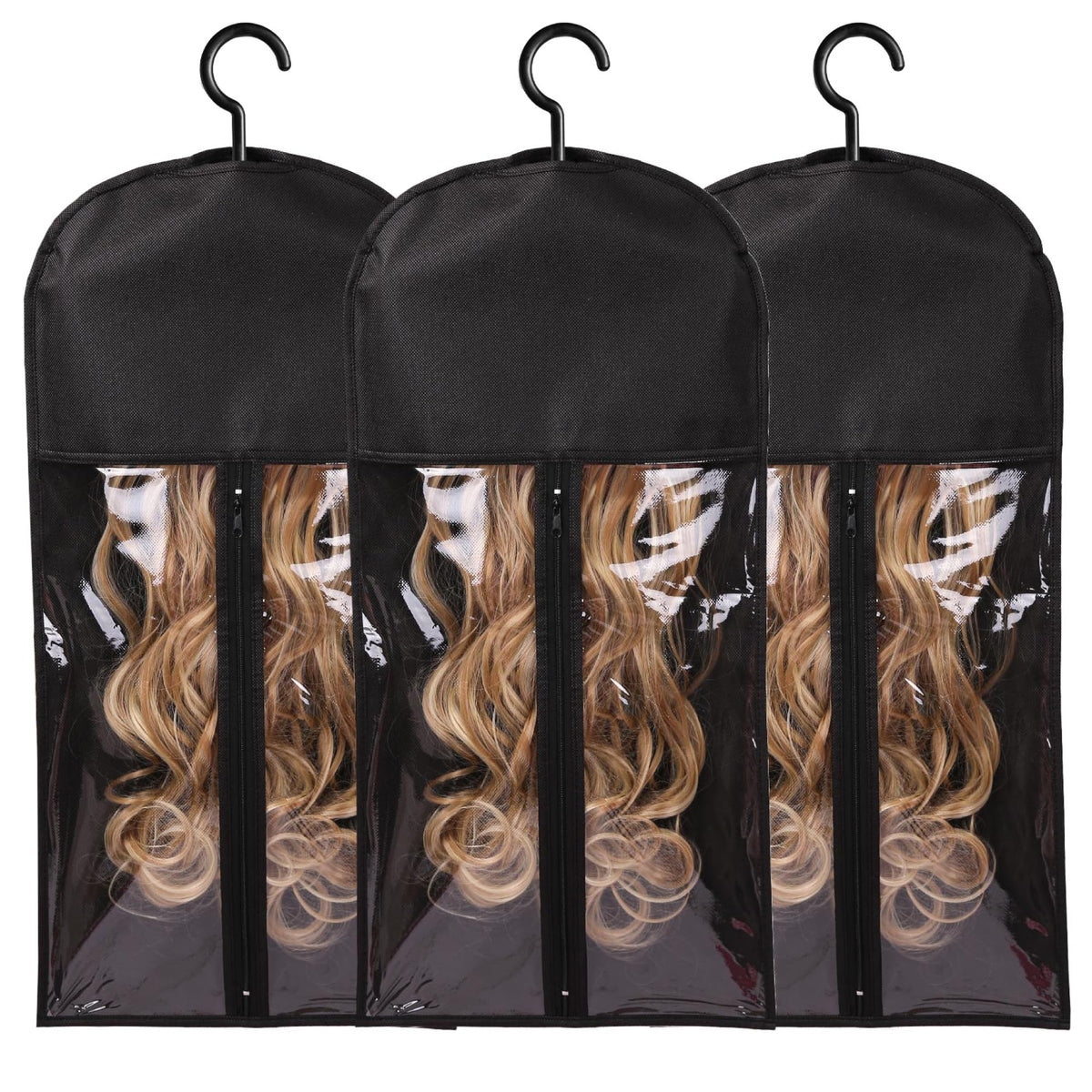 MAYCREATE® 3PCS Hair Extension Holder Wig Storage Bags with Hanger Wig Holder for Multiple Wigs Hanger Dust-proof Storage Organizer with Hook Hair Extensions, wigs & accessories (Black)