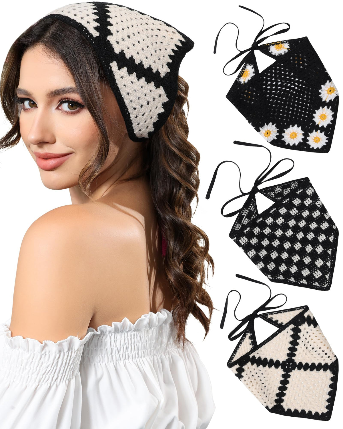 MAYCREATE® Crochet Head Scarf Hair Bandanas Women Knit Bandana Headband Scarf Tie-Back Head Coverings Floral Headscarf for Girls-Multicolor