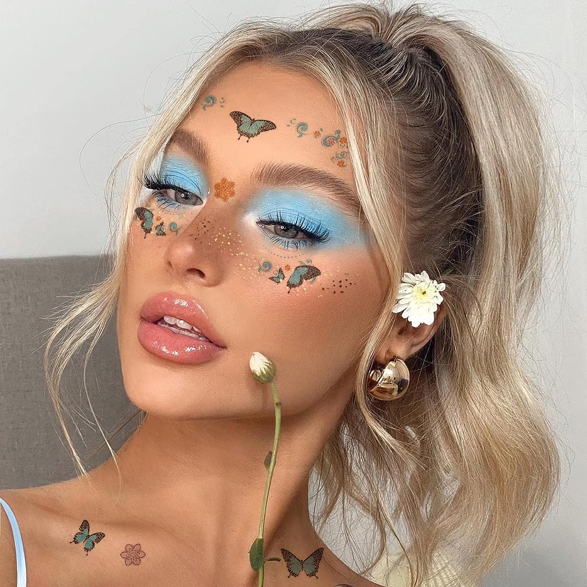 MAYCREATE 12 Sheets Glitter Face Temporary Tattoo for Women Girls, Charming Decals Flowers Face Arm Body Makeup Stickers, Waterproof Butterfly Fake Tattoos for Party, Halloween