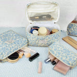 MAYCREATE Makeup Pouch Bag Set for Travel with 3pcs Quilted Cotton Blue Floral Organizer