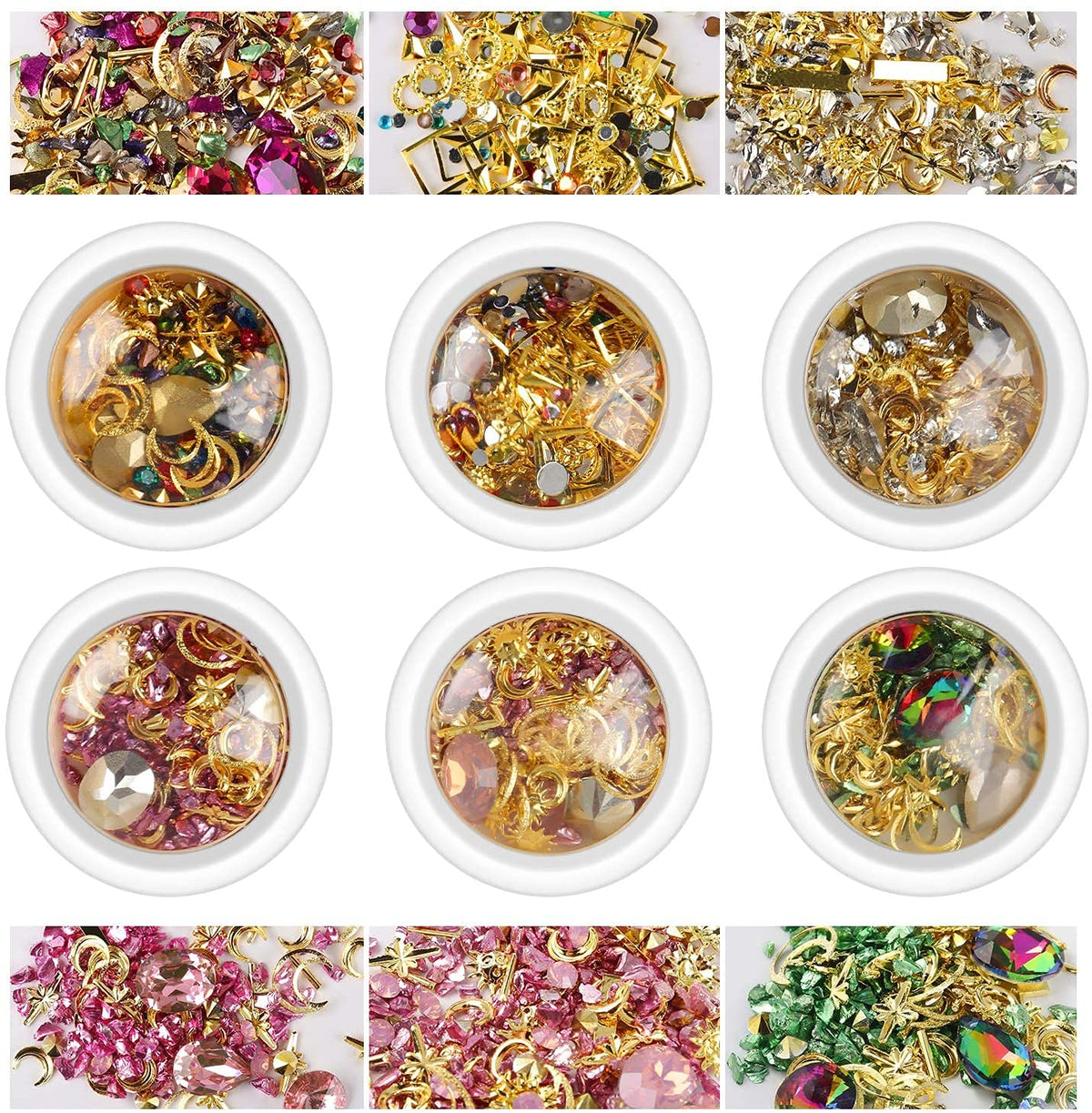 MAYCREATE 6 Boxes Mixed Nail Art Rhinestones Diamonds Crystals Beads Gems with Tweezer for 3D Nails Art Decoration Nail Art Supplies