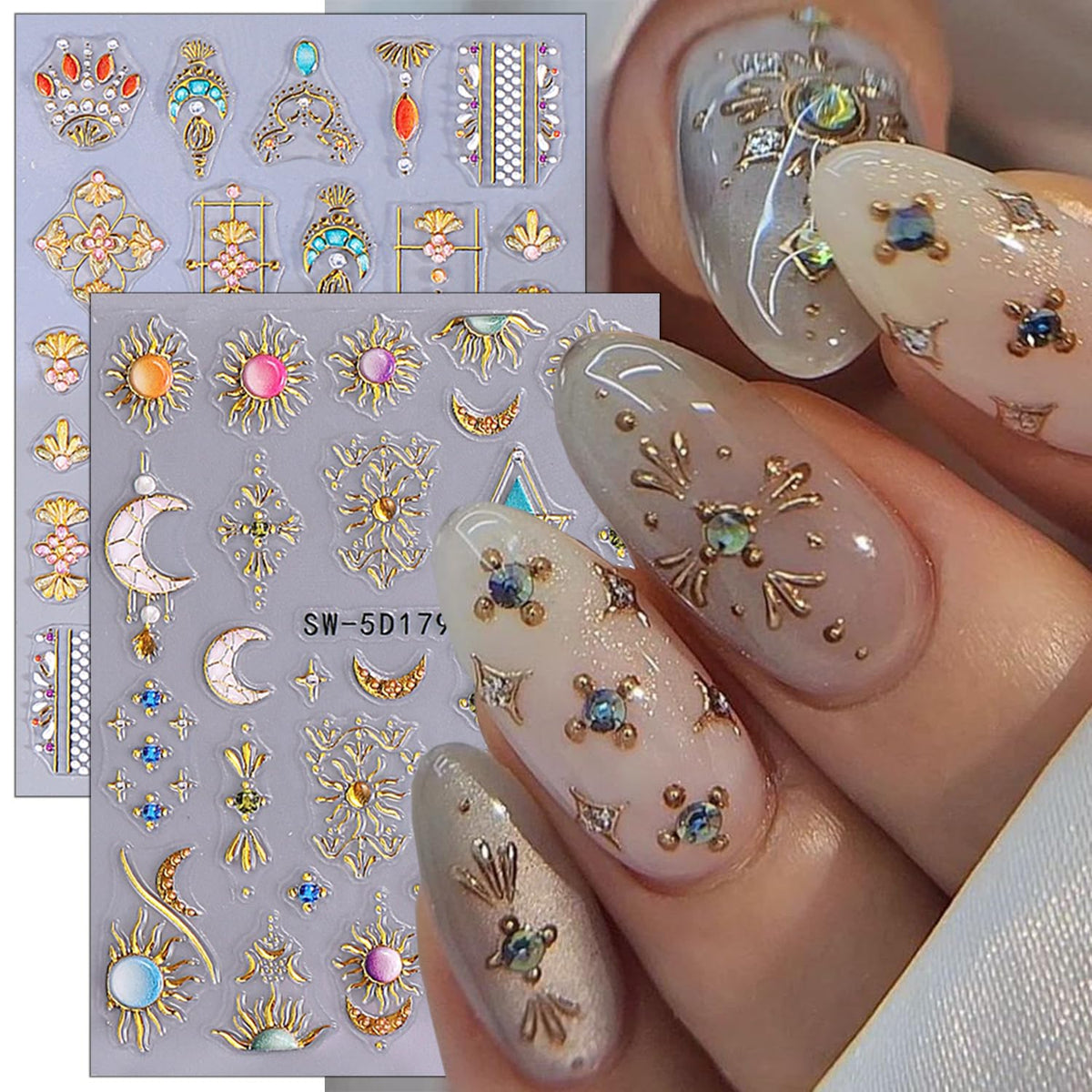 MAYCREATE 5D Embossed Nail Stickers for DIY Nail Art with Self-Adhesive Star Gems | 2PCS Set