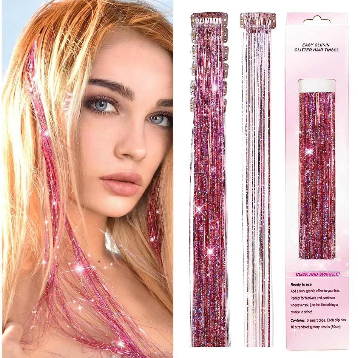 MAYCREATE 6pcs Hair Tinsel Clip-in Glitter Hair Extensions for Women, 20.5in Pink Shiny Tinsel Strands, Heat Resistant Fairy Sparkle Hair Accessories for Girls Kids Festival Cosplay Party Gift