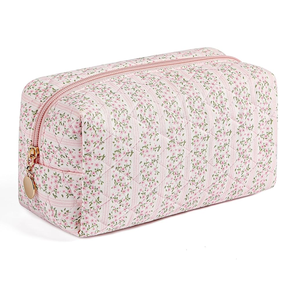 MAYCREATE® Fashion Makeup Bag Travel Makeup Pouch Fashion Pink Floral Soft Zipper Pouch Utility Zipper Pouch Pencil Pouch Stationeries Storage Pouch Makeup Tool Organizer Bag, 20.5x9x9.5cm