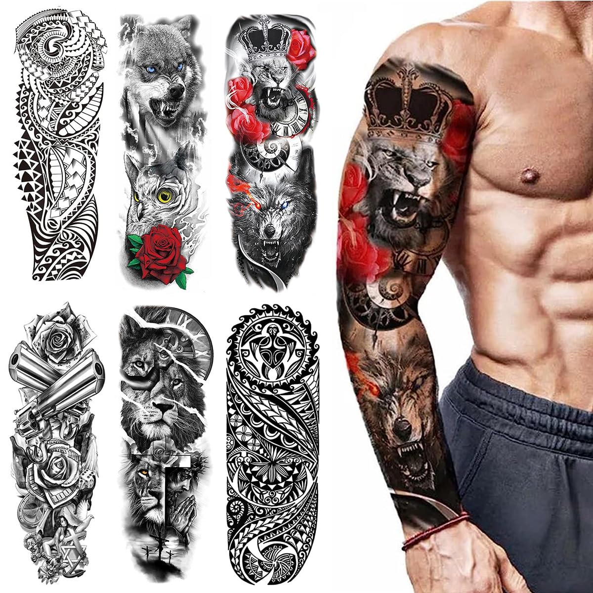 MAYCREATE Temporary Tattoos for Arm and Leg with 6 Sheets 48×17 cm Waterproof Stickers | Men and Women Party Body Art