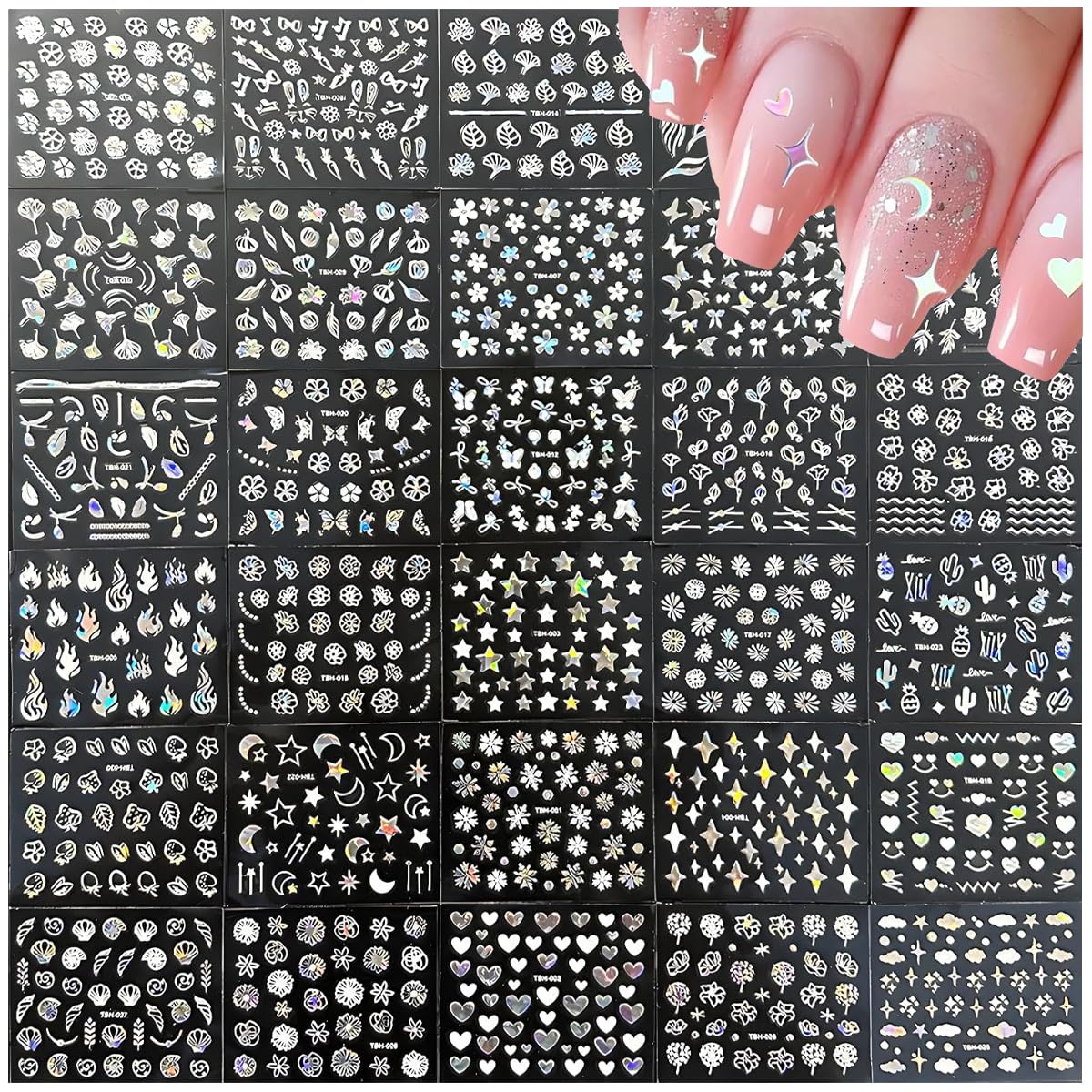 MAYCREATE Nail Art Stickers featuring 30 Sheets Self-Adhesive Holographic Designs for DIY Nails | Aurora Moon and Star Decals for Women and Girls