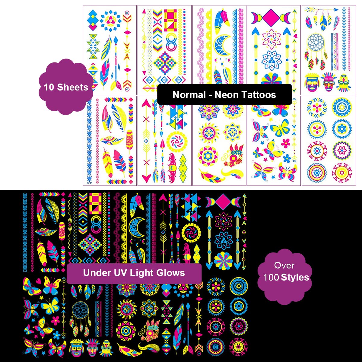 MAYCREATE 10 Sheets Temporary Tattoos Sticker Glow in The Dark Assorted Patterns Fun UV Neon Body Face Fake Tattoos for Women Men Rave Festival Party, Waterproof Multi
