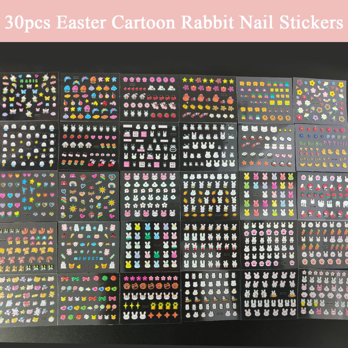 MAYCREATE Cartoon Rabbit Nail Art Stickers for DIY Kids Manicure with 30 Sheets | 3D Self-Adhesive Safe Decals