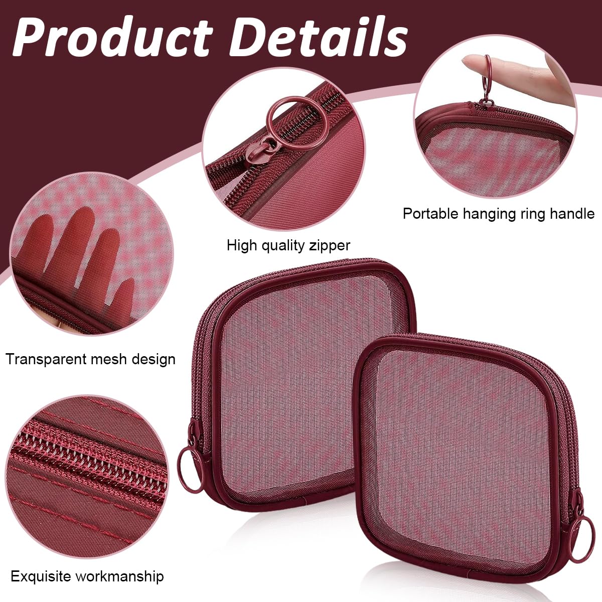 MAYCREATE Mesh Pouches for Makeup and Travel featuring Secure Zipper Closure 8PCS 4.7 in | Wine Red Cosmetic Bags for Women