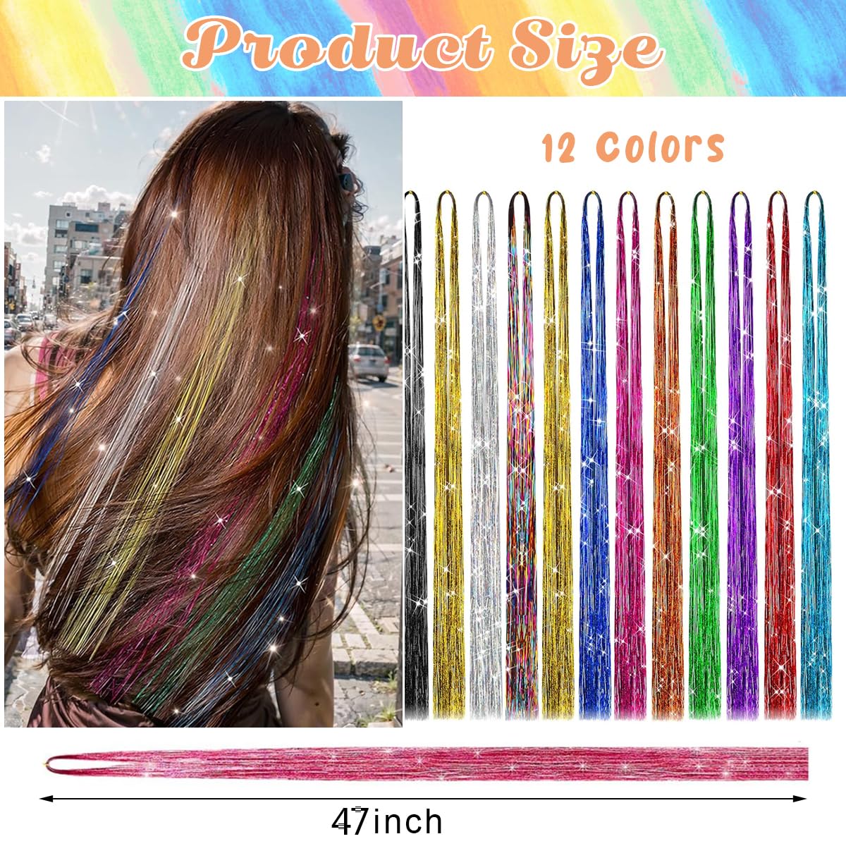 MAYCREATE Glitter Hair Tinsel Kit for Party Styling with 47 in Strands and 12 Colors | Includes Tools and Accessories for Women and Girls