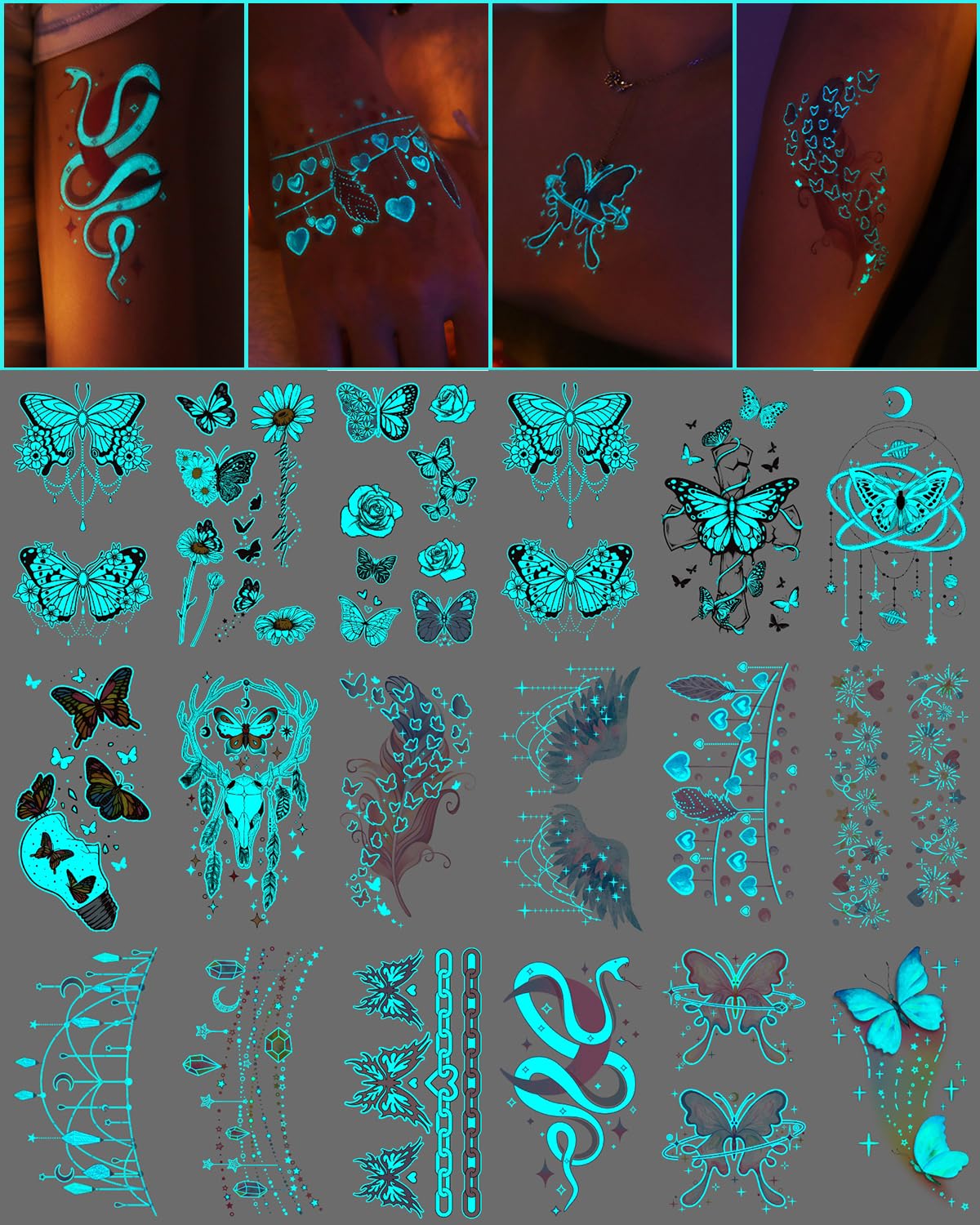 MAYCREATE® 20 Sheets Temporary Tattoos for Women Girls Glow In The Dark Butterfly Tattoo Stickers Luminous Flower Wings Fake Tattoo Sticker Art Makeup Waterproof for Face, Body Arm, Party Favors